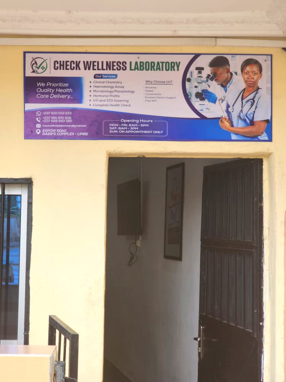 Check Wellness Laboratory entrance with signboard at Dabb's Complex